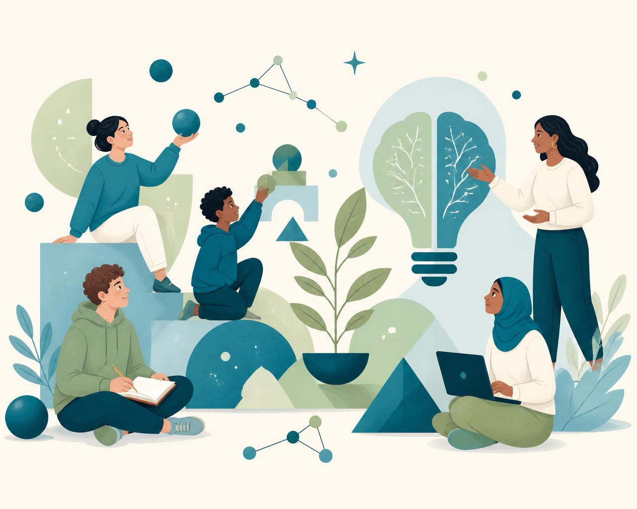 Ilustração de estudantes diversos e uma professora explorando ideias, potencial e aprendizagem